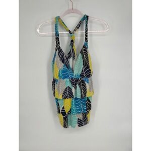 South Point Swimsuit Tankini Top Leaf Print Tiered Blue Yellow Cute Size S
